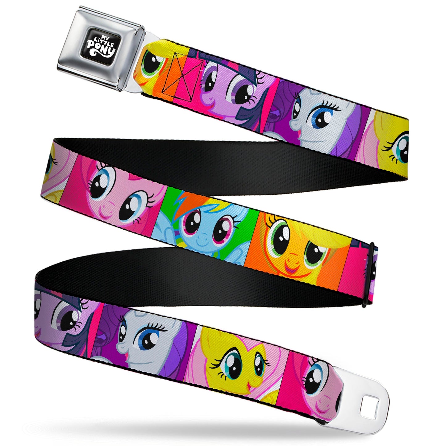 MY LITTLE PONY Title Logo Full Color Black/Purple/White Seatbelt Belt - My Little Pony Mane Six Close-Up Face Blocks Multi Color Webbing