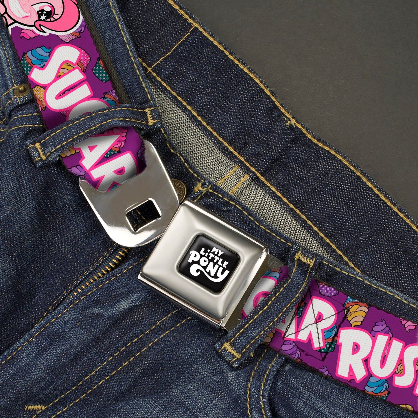 MY LITTLE PONY Title Logo Full Color Black/Purple/White Seatbelt Belt - My Little Pony Pinkie Pie and Rainbow Dash SUGAR RUSH Pose Purple Webbing