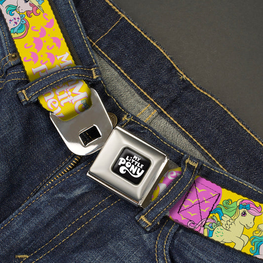 MY LITTLE PONY Title Logo Full Color Black/Purple/White Seatbelt Belt - MON PETIT PONEY Two Ponies and Cutie Marks Collage Yellow/Pink Webbing
