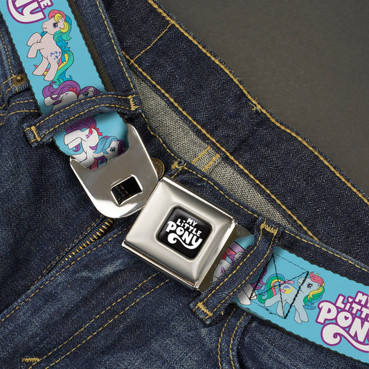 MY LITTLE PONY Title Logo Full Color Black/Purple/White Seatbelt Belt - MY LITTLE PONY Three Pony Rainbow Poses and Title Logo Blue/Multi Color Webbing