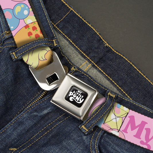 MY LITTLE PONY Title Logo Full Color Black/Purple/White Seatbelt Belt - MY LITTLE PONY Two Pony Sunshine Bubbles and Title Logo Pink/Multi Color Webbing