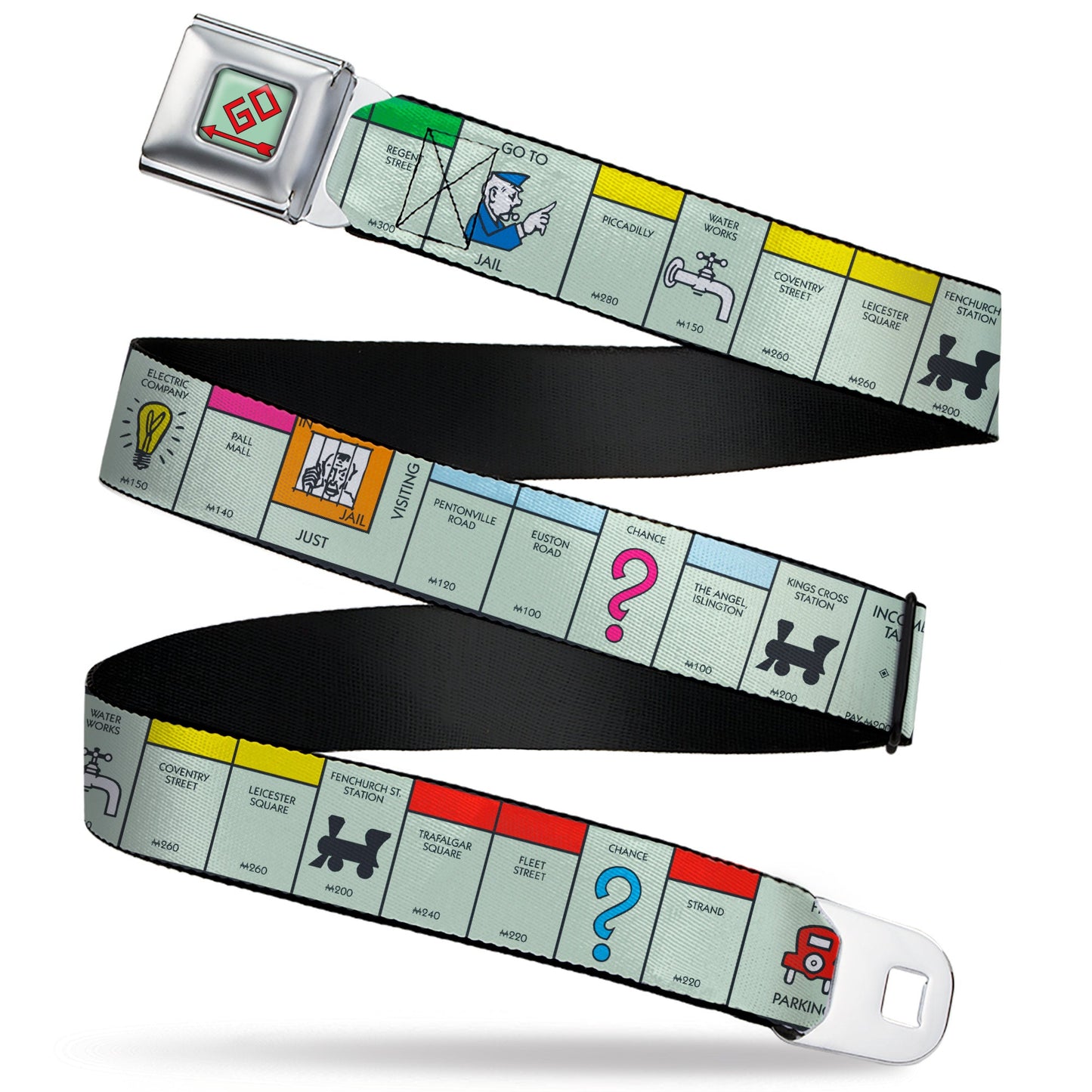 Monopoly GO Space Full Color Seatbelt Belt - Monopoly British UK Game Board Space Blocks Webbing