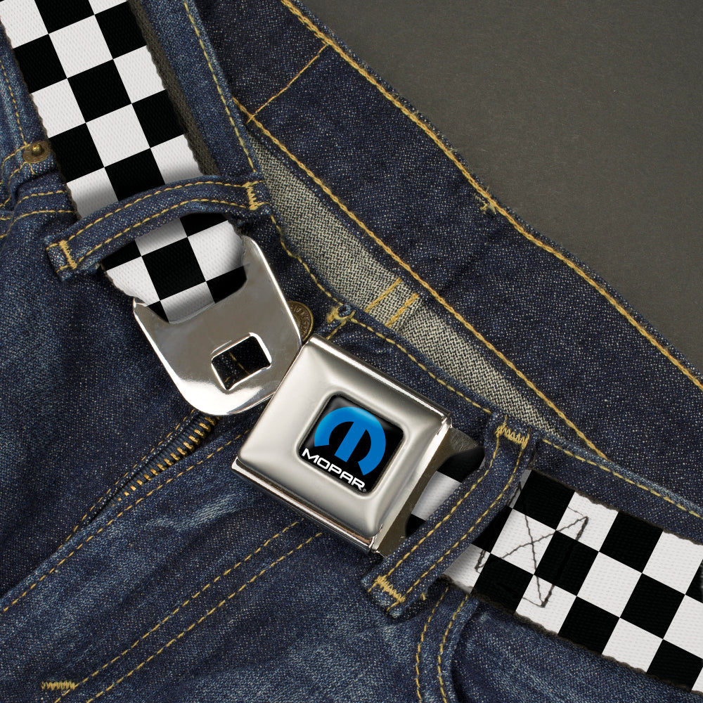 MOPAR Logo Full Color Black/Blue/White Seatbelt Belt - Checker Black/White Webbing