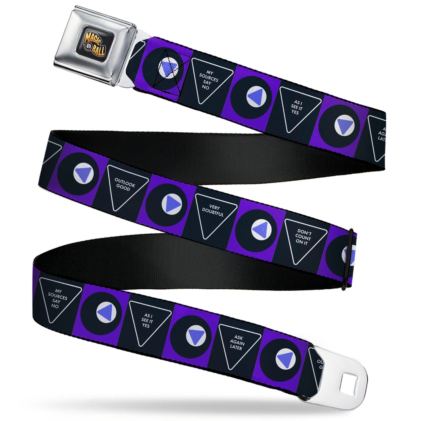 MAGIC 8 BALL Logo Full Color Black/Orange/White Seatbelt Belt - Magic 8 Ball Answers and Ball Blocks Black/Blue Webbing