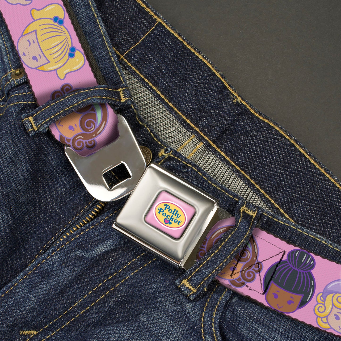 POLLY POCKET Title Logo Full Color Pink Seatbelt Belt - Polly Pocket Ten Doll Face Expressions Pink Webbing