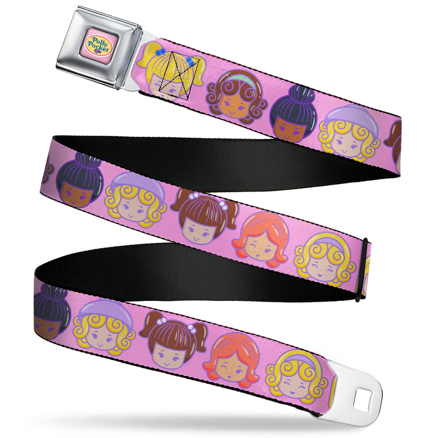 POLLY POCKET Title Logo Full Color Pink Seatbelt Belt - Polly Pocket Ten Doll Face Expressions Pink Webbing