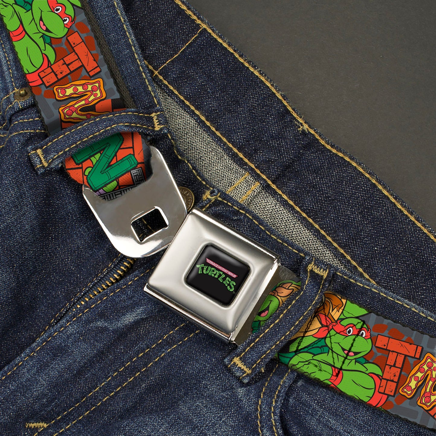 TEENAGE MUTANT NINJA TURTLES Logo Full Color Black Seatbelt Belt - Ninja Turtles TMNT Icons Logo and Group Pose Webbing