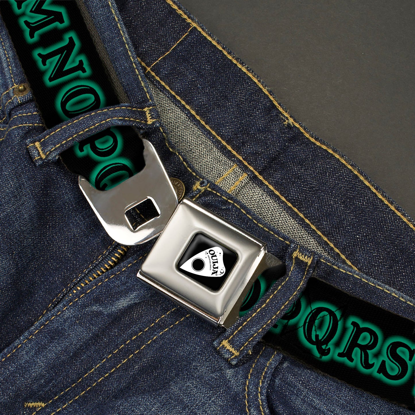 OUIJA Board Logo Planchette Full Color Red/White Seatbelt Belt - OUIJA Board Letters and Elements Black/Greens Webbing