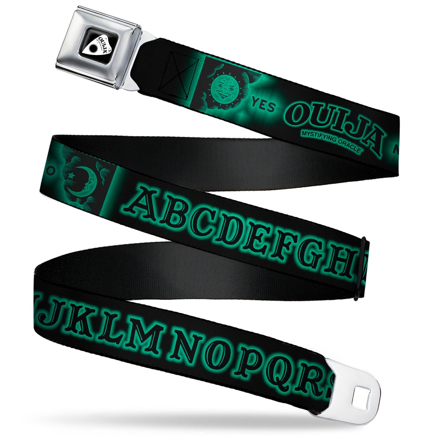 OUIJA Board Logo Planchette Full Color Red/White Seatbelt Belt - OUIJA Board Letters and Elements Black/Greens Webbing