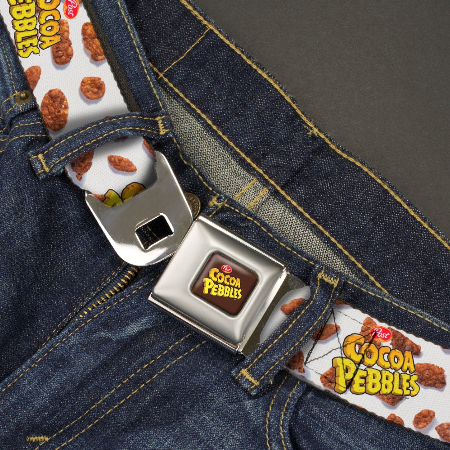 POST COCOA PEBBLES Logo Full Color Brown/Yellows Seatbelt Belt - POST COCOA PEBBLES Logo and Cereal Pebbles Scattered White/Browns Webbing