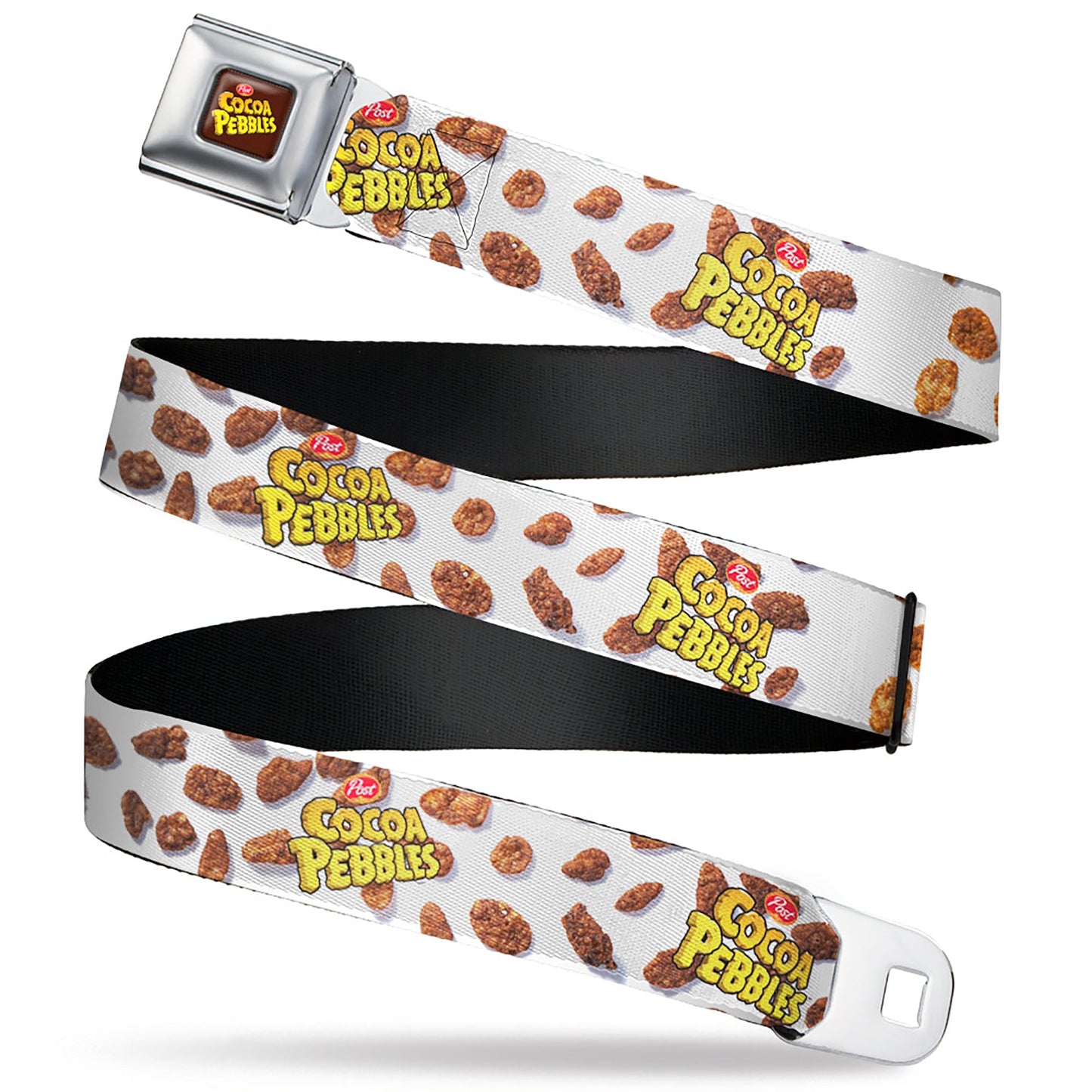 POST COCOA PEBBLES Logo Full Color Brown/Yellows Seatbelt Belt - POST COCOA PEBBLES Logo and Cereal Pebbles Scattered White/Browns Webbing