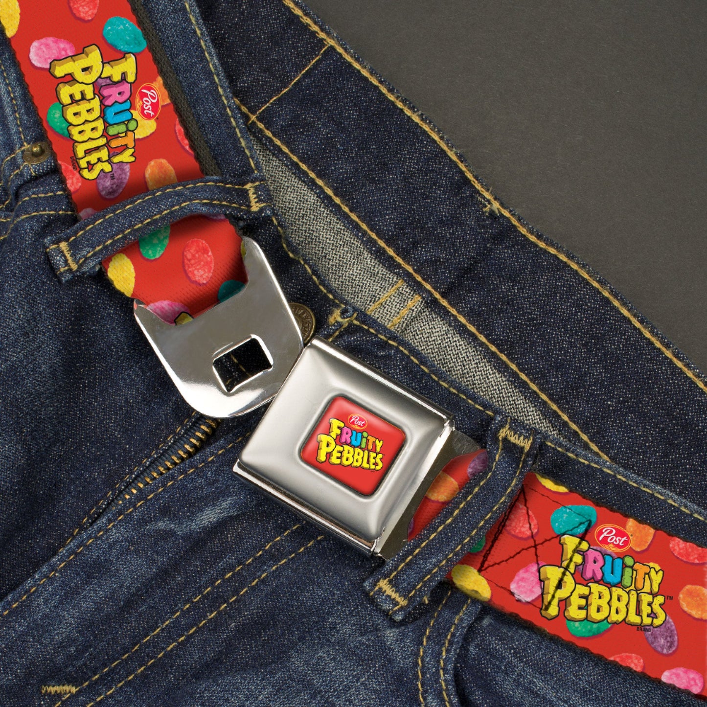 POST FRUITY PEBBLES Logo Full Color Red/Multi Color Seatbelt Belt - POST FRUITY PEBBLES Logo and Cereal Pebbles Scattered Red/Multi Color Webbing
