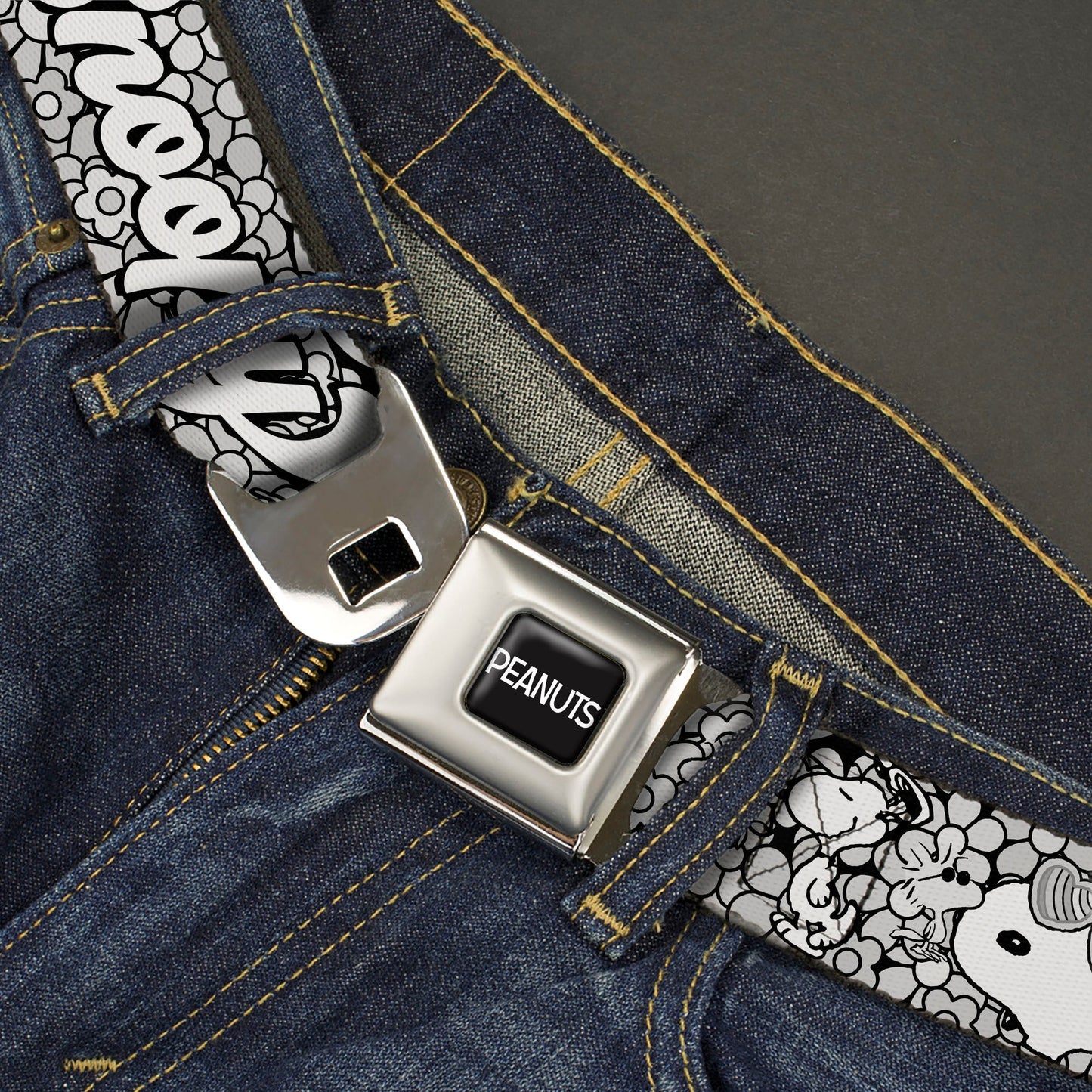 PEANUTS Title Logo Full Color Black/White Seatbelt Belt - Snoopy Poses and Daisy Flowers Collage Black/Grays/White Webbing