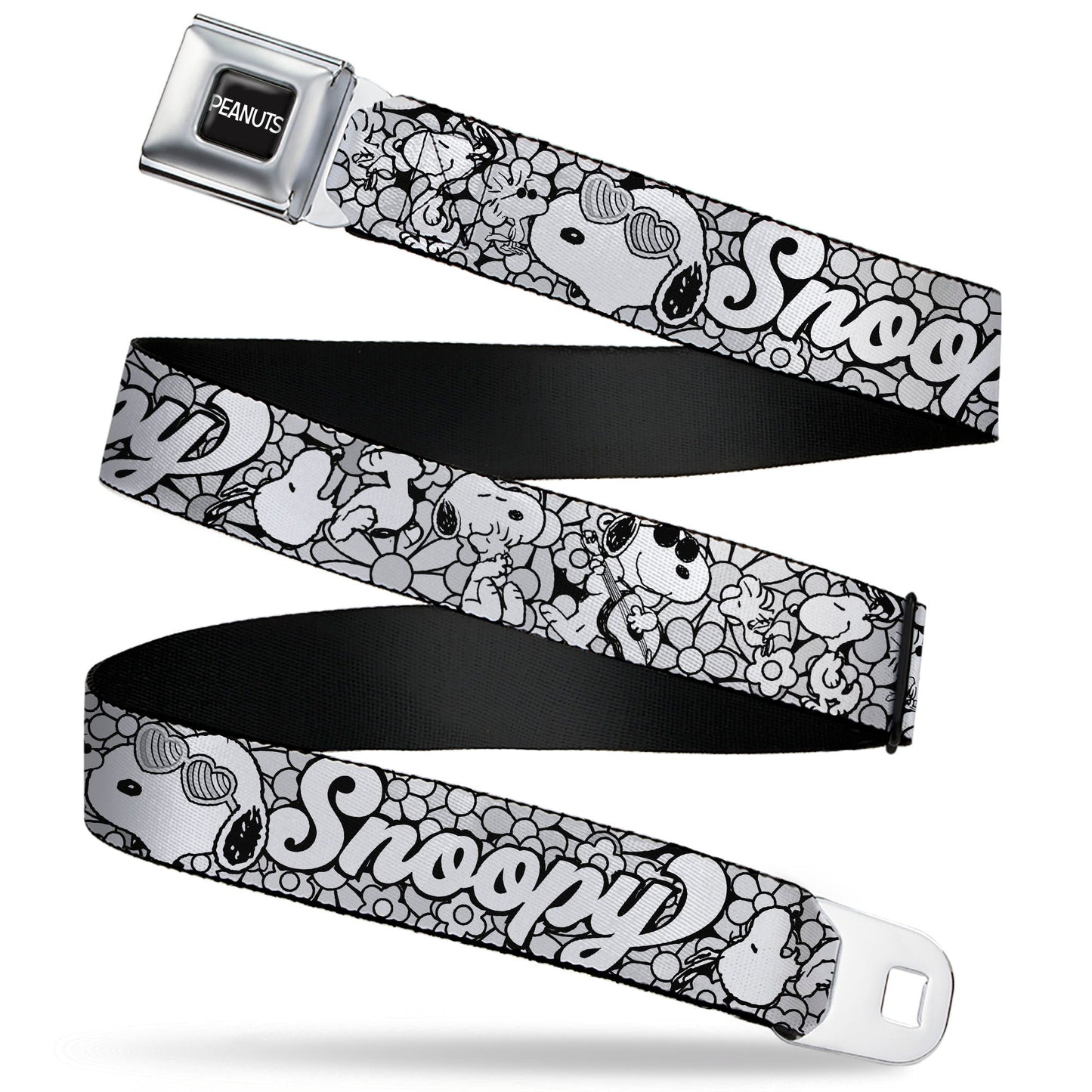 PEANUTS Title Logo Full Color Black/White Seatbelt Belt - Snoopy Poses and Daisy Flowers Collage Black/Grays/White Webbing