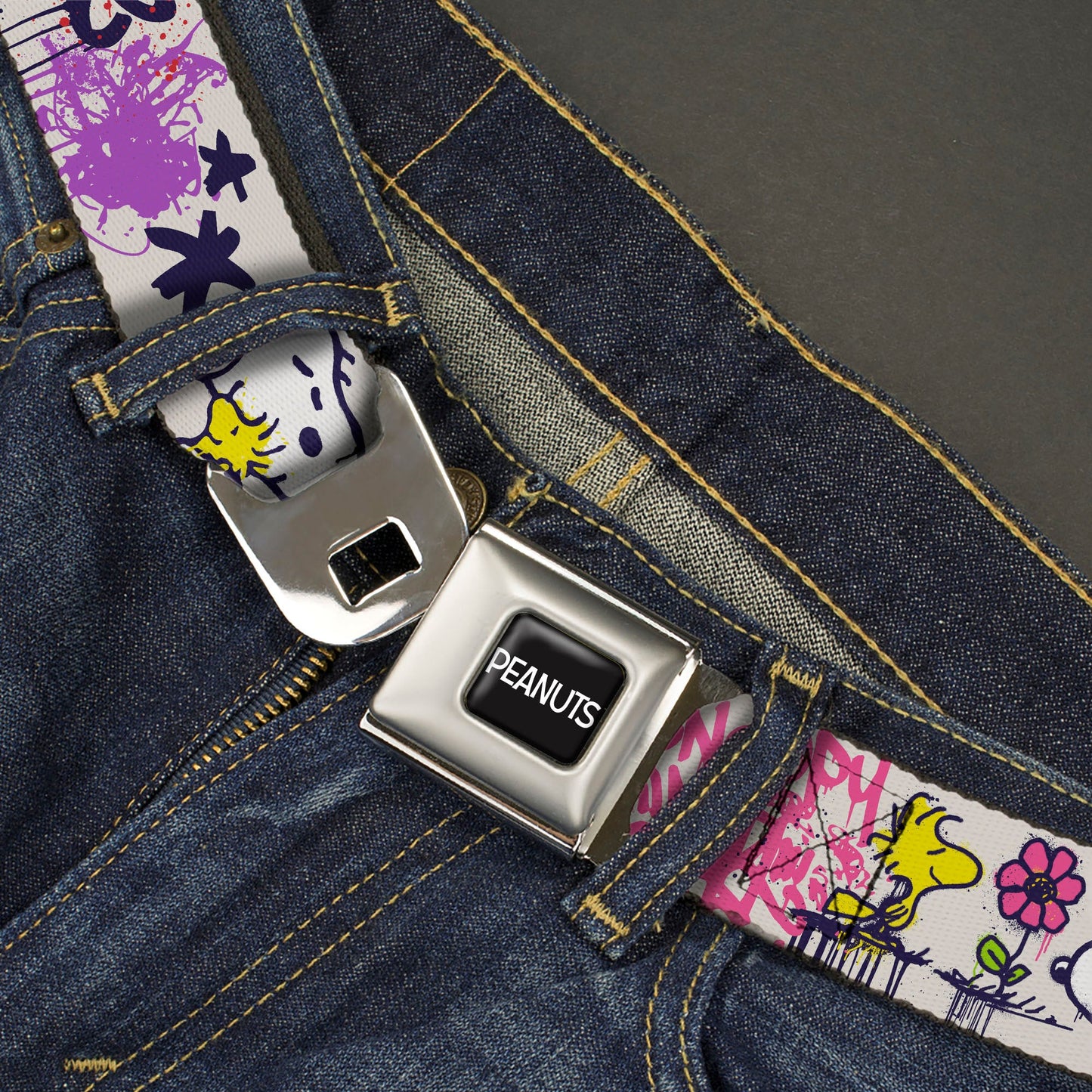 PEANUTS Title Logo Full Color Black/White Seatbelt Belt - Peanuts Snoopy and Woodstock Graffiti Collage White/Multi Color Webbing