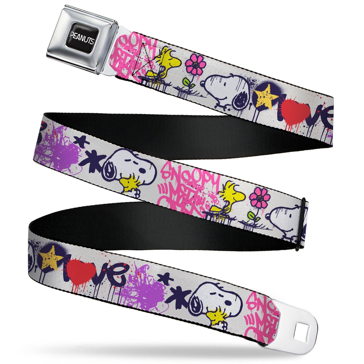 PEANUTS Title Logo Full Color Black/White Seatbelt Belt - Peanuts Snoopy and Woodstock Graffiti Collage White/Multi Color Webbing