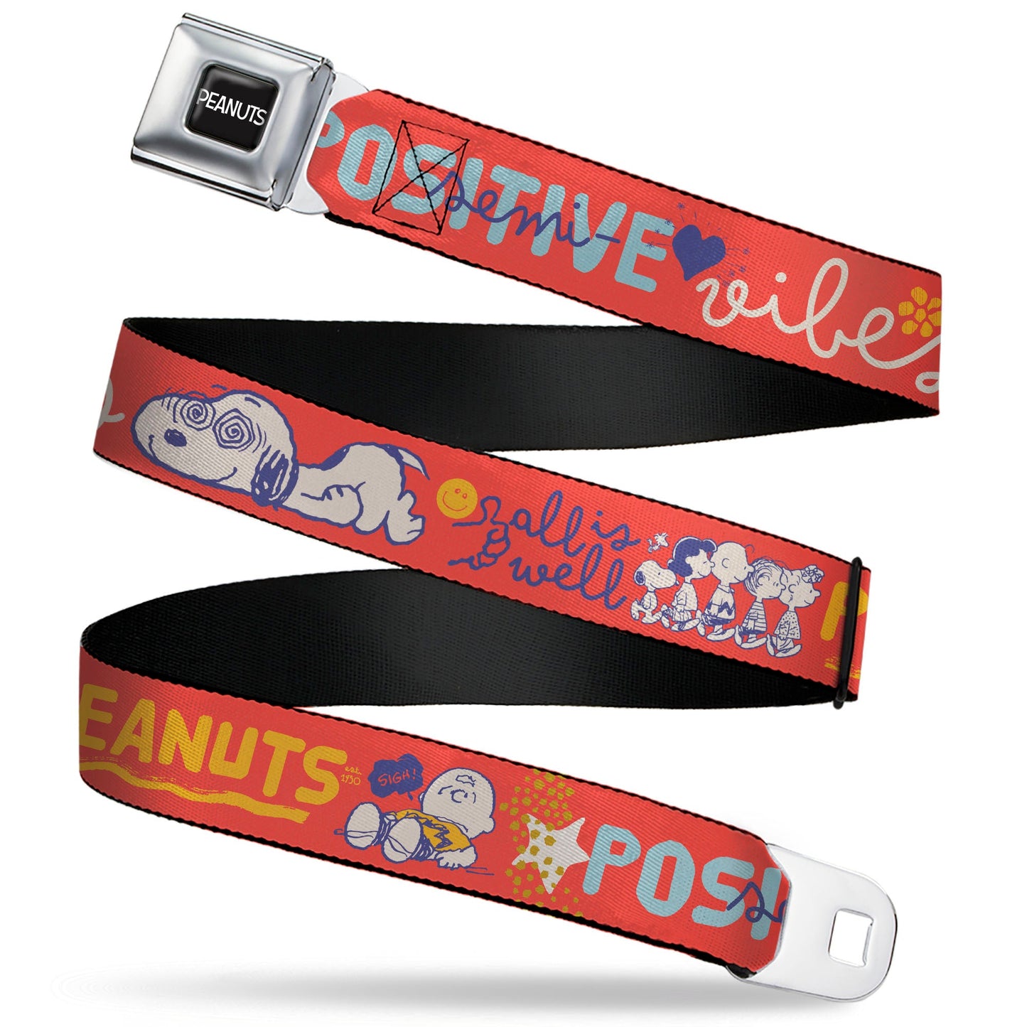 PEANUTS Title Logo Full Color Black/White Seatbelt Belt - Peanuts Gang SEMI-POSITIVE VIBES Quote Red/Blues/White Webbing
