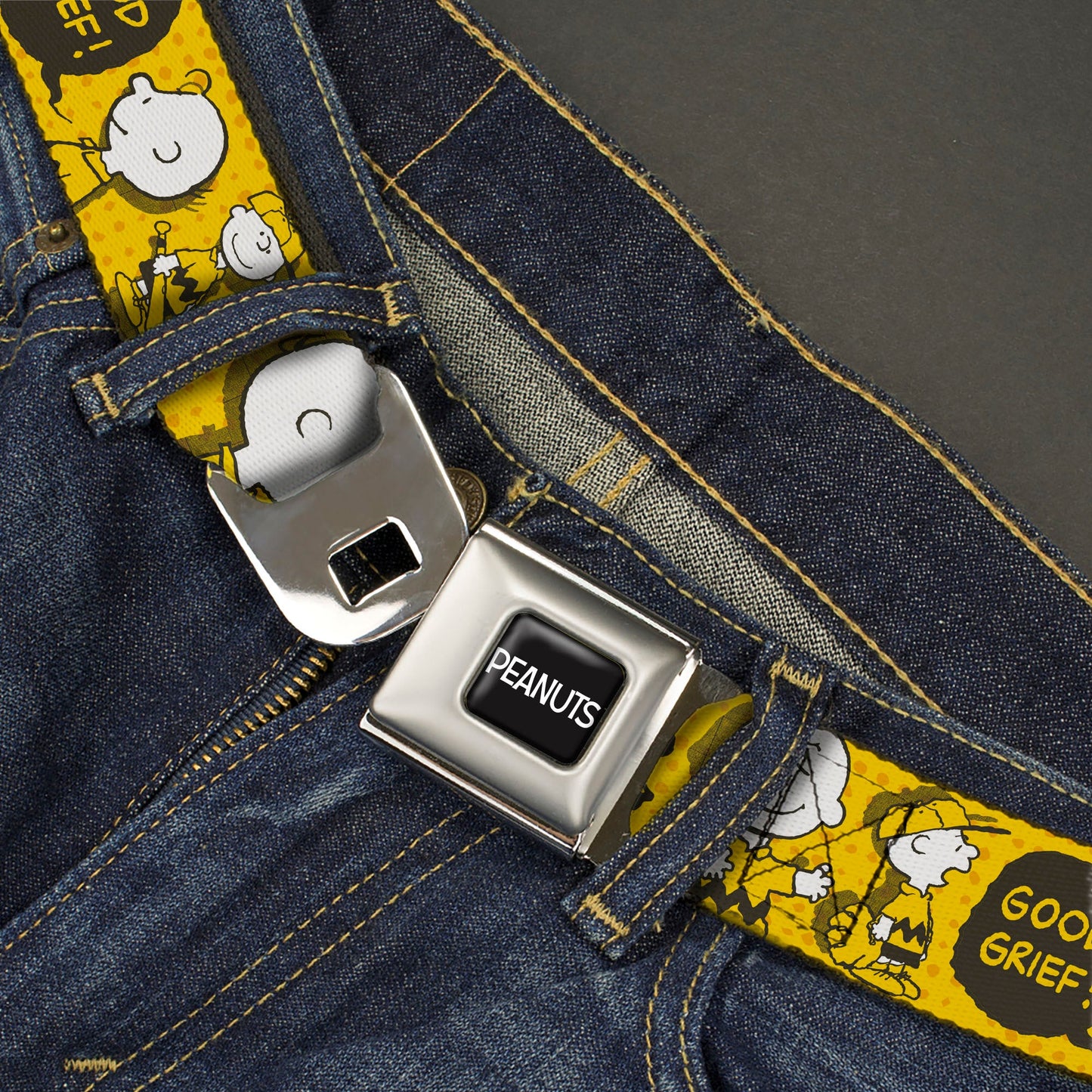 PEANUTS Title Logo Full Color Black/White Seatbelt Belt - Peanuts I AM CHARLIE BROWN Poses and Zig Zag Stripe Yellows/Black Webbing