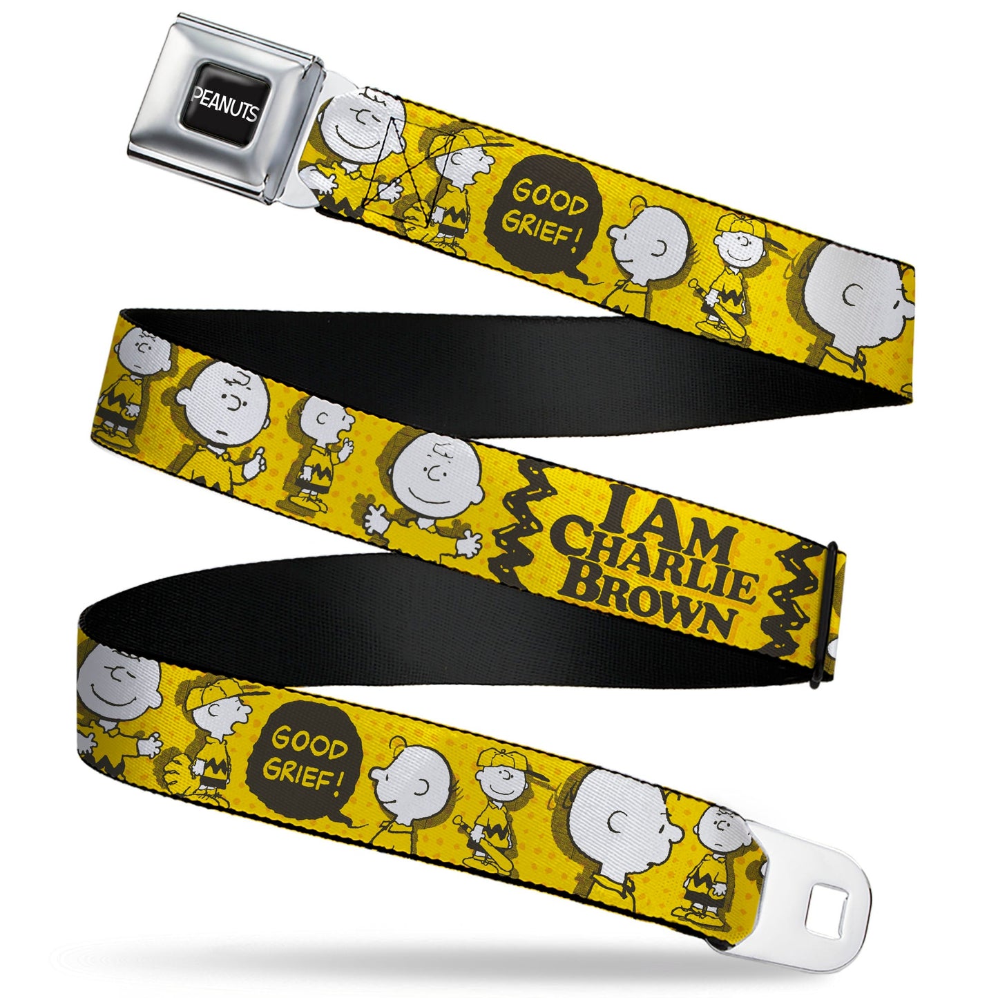 PEANUTS Title Logo Full Color Black/White Seatbelt Belt - Peanuts I AM CHARLIE BROWN Poses and Zig Zag Stripe Yellows/Black Webbing