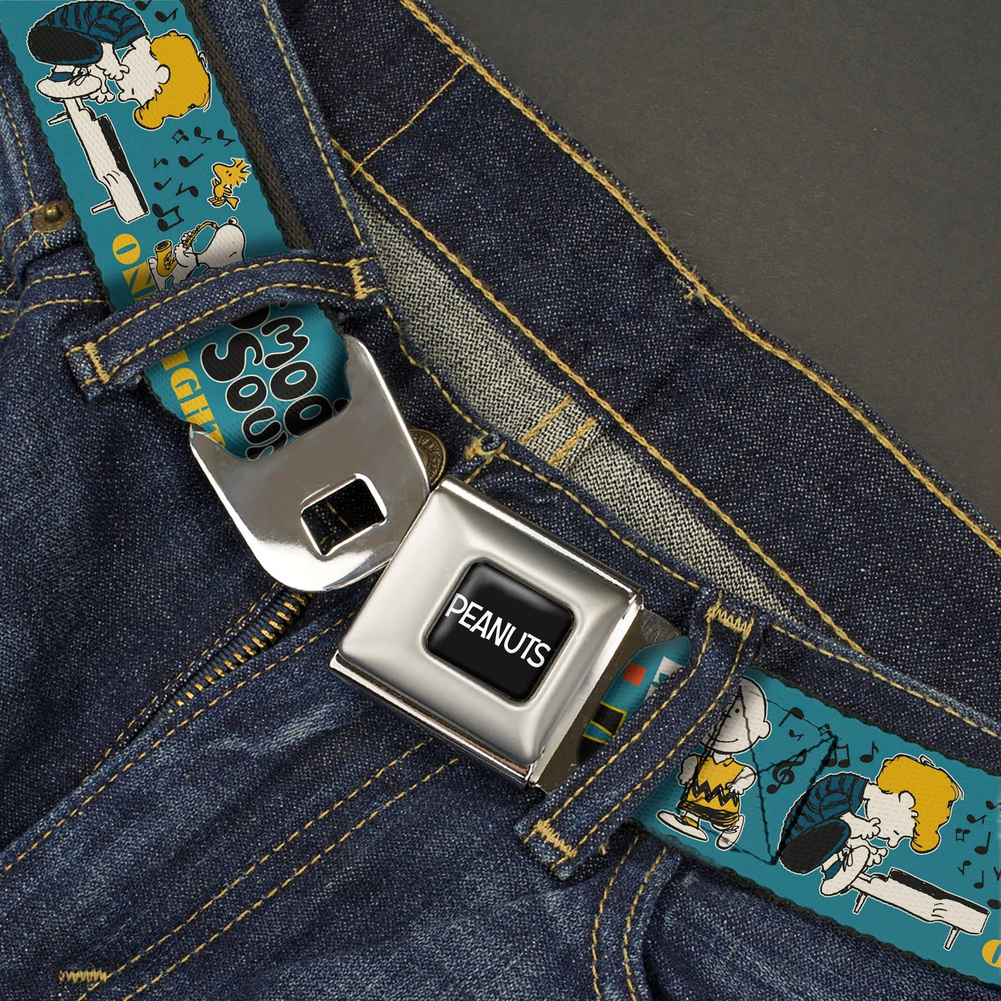 PEANUTS Title Logo Full Color Black/White Seatbelt Belt - Peanuts Gang DANCE MUSIC Poses and Quotes Blue/Multi Color Webbing