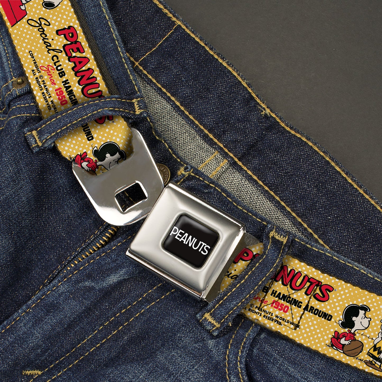 PEANUTS Title Logo Full Color Black/White Seatbelt Belt - PEANUTS SOCIAL CLUB PEACE & LOVE Scenes Yellow/Red Webbing
