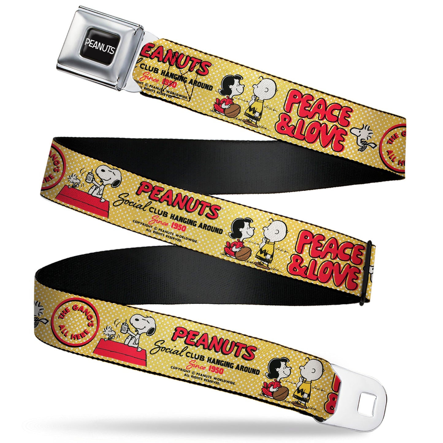 PEANUTS Title Logo Full Color Black/White Seatbelt Belt - PEANUTS SOCIAL CLUB PEACE & LOVE Scenes Yellow/Red Webbing