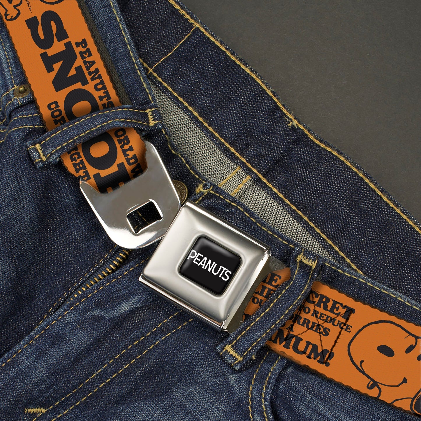 PEANUTS Title Logo Full Color Black/White Seatbelt Belt - Snoopy Poses and Quotes Collage Orange/Black Webbing
