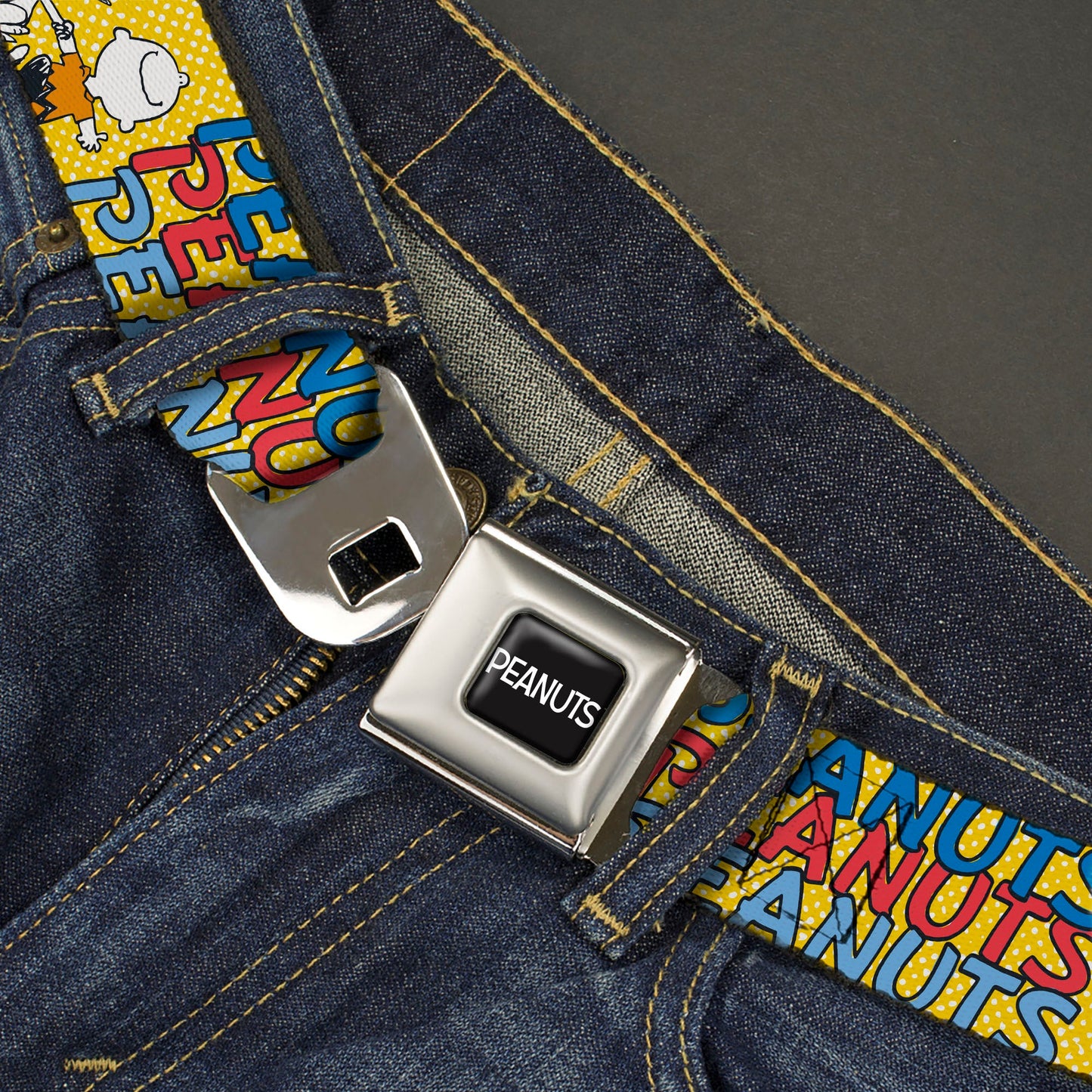 PEANUTS Title Logo Full Color Black/White Seatbelt Belt - PEANUTS Gang FEATURING GOOD OL CHARLIE BROWN Character Poses Yellow/Multi Color Webbing