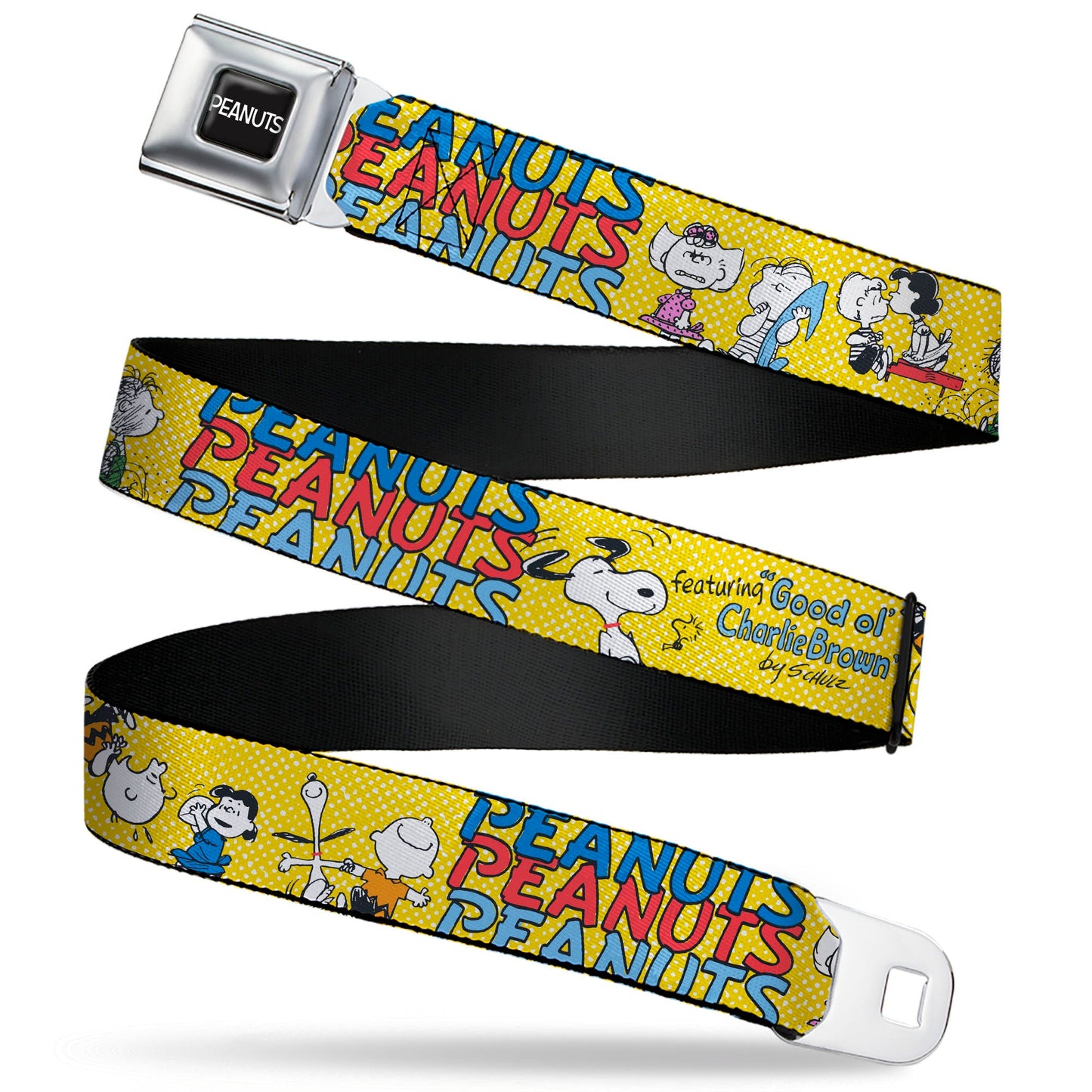 PEANUTS Title Logo Full Color Black/White Seatbelt Belt - PEANUTS Gang FEATURING GOOD OL CHARLIE BROWN Character Poses Yellow/Multi Color Webbing