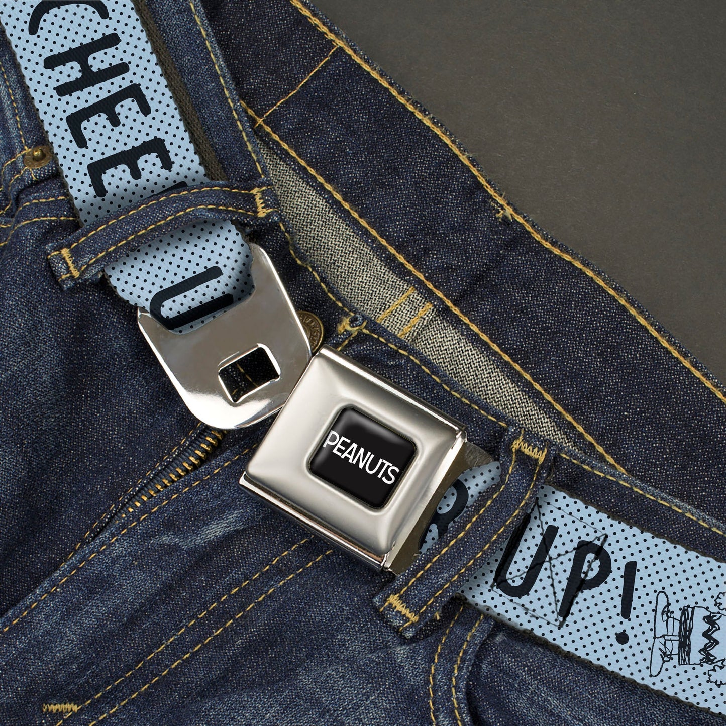 PEANUTS Title Logo Full Color Black/White Seatbelt Belt - CHARLIE BROWN Poses and Quotes Baby Blue/Black Webbing