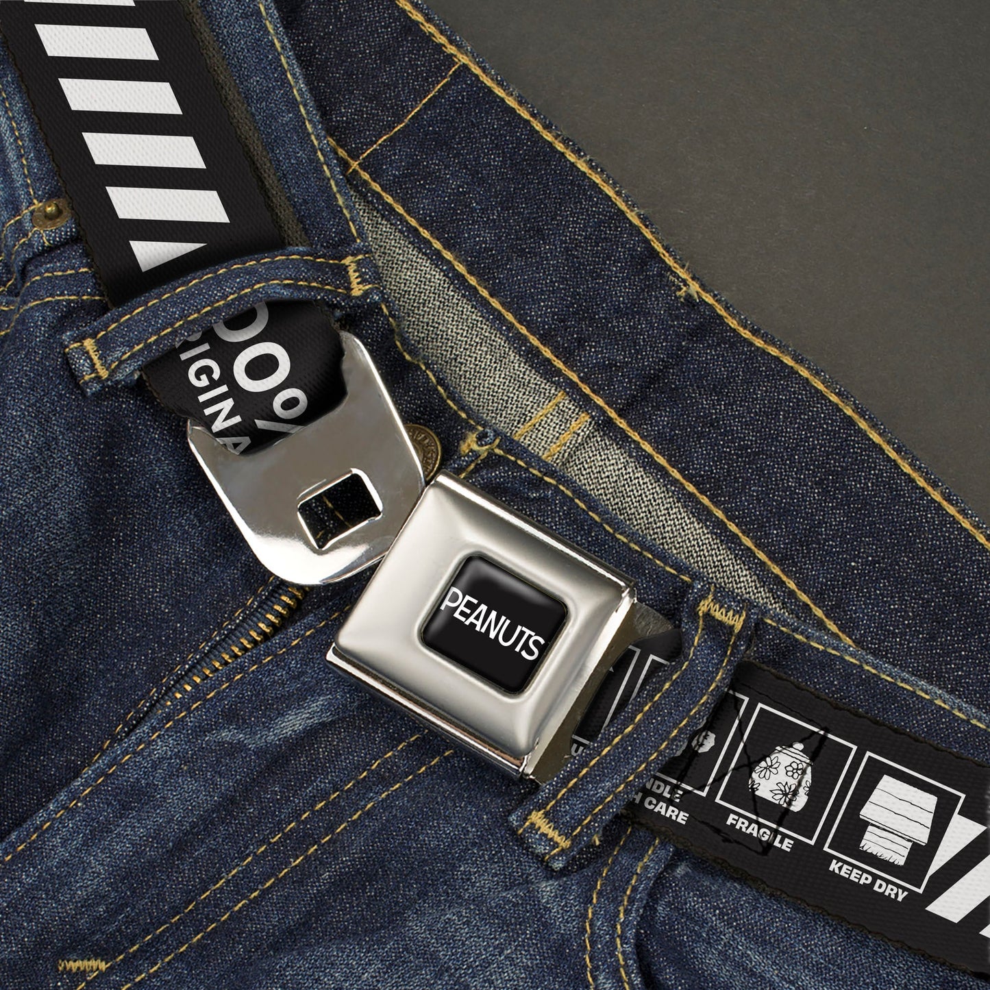 PEANUTS Title Logo Full Color Black/White Seatbelt Belt - Peanuts SNOOPY Care Symbols 100% ORIGINAL Black/White Webbing