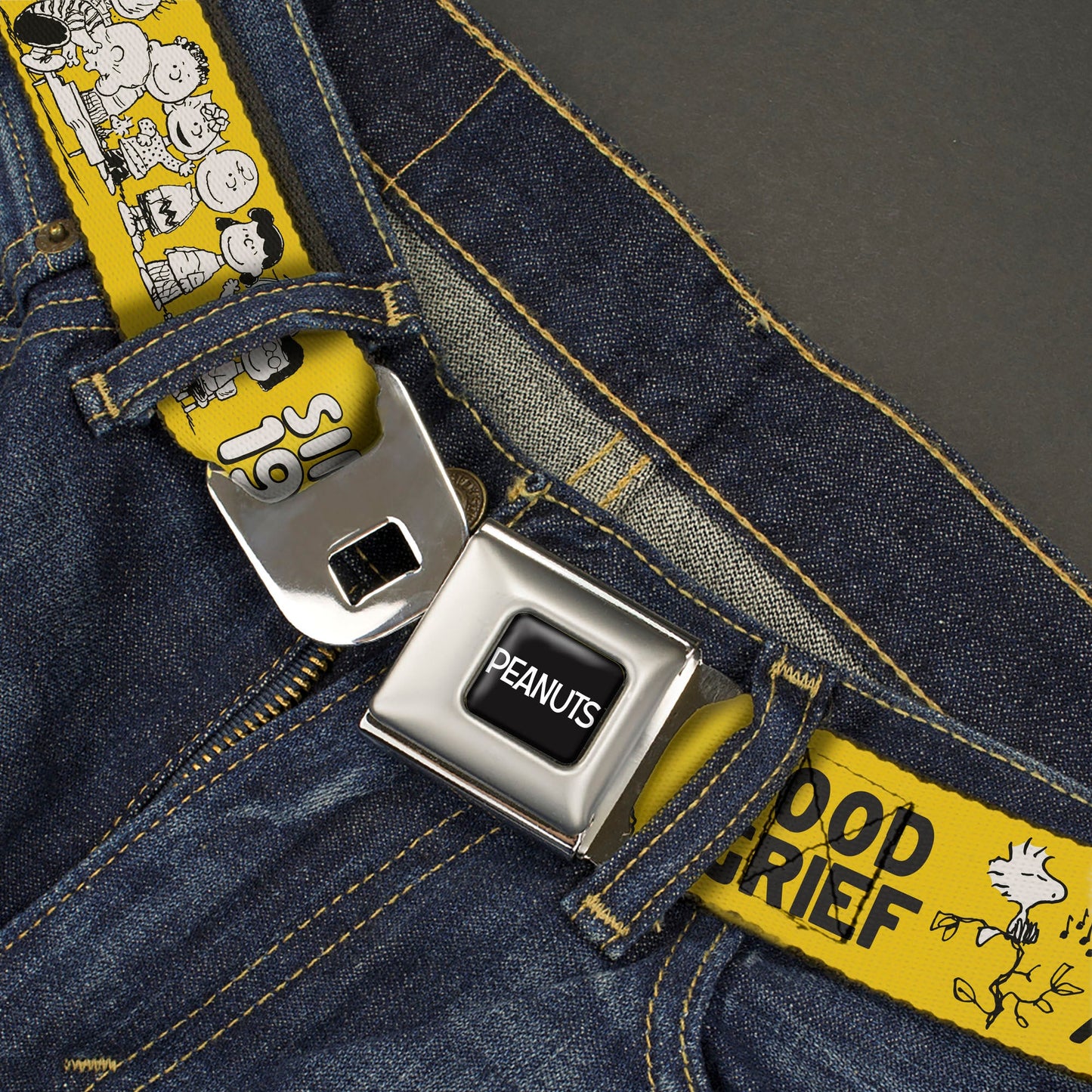PEANUTS Title Logo Full Color Black/White Seatbelt Belt - PEANUTS Gang SINCE 1950 GOOD GRIEF Group Pose Yellow/Black Webbing