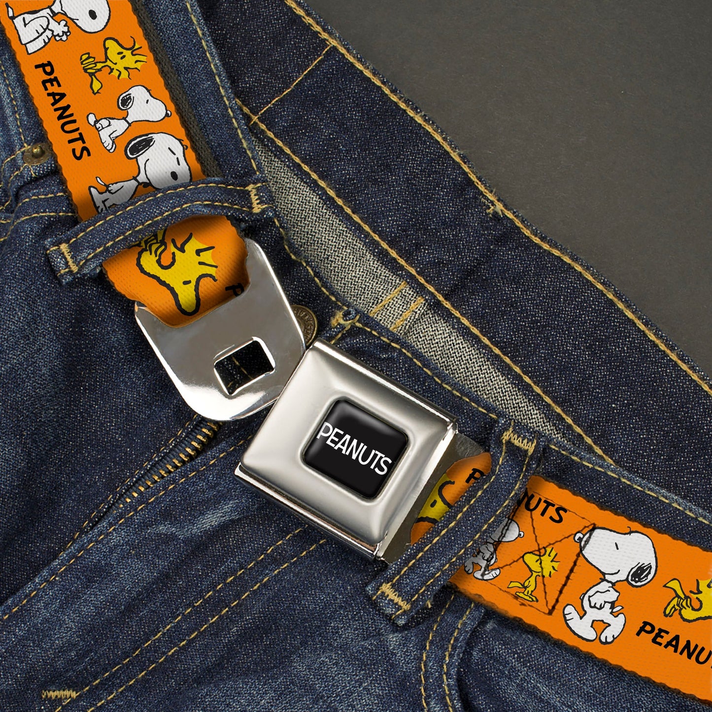 PEANUTS Title Logo Full Color Black/White Seatbelt Belt - PEANUTS Snoopy and Woodstock Poses Collage Orange Webbing