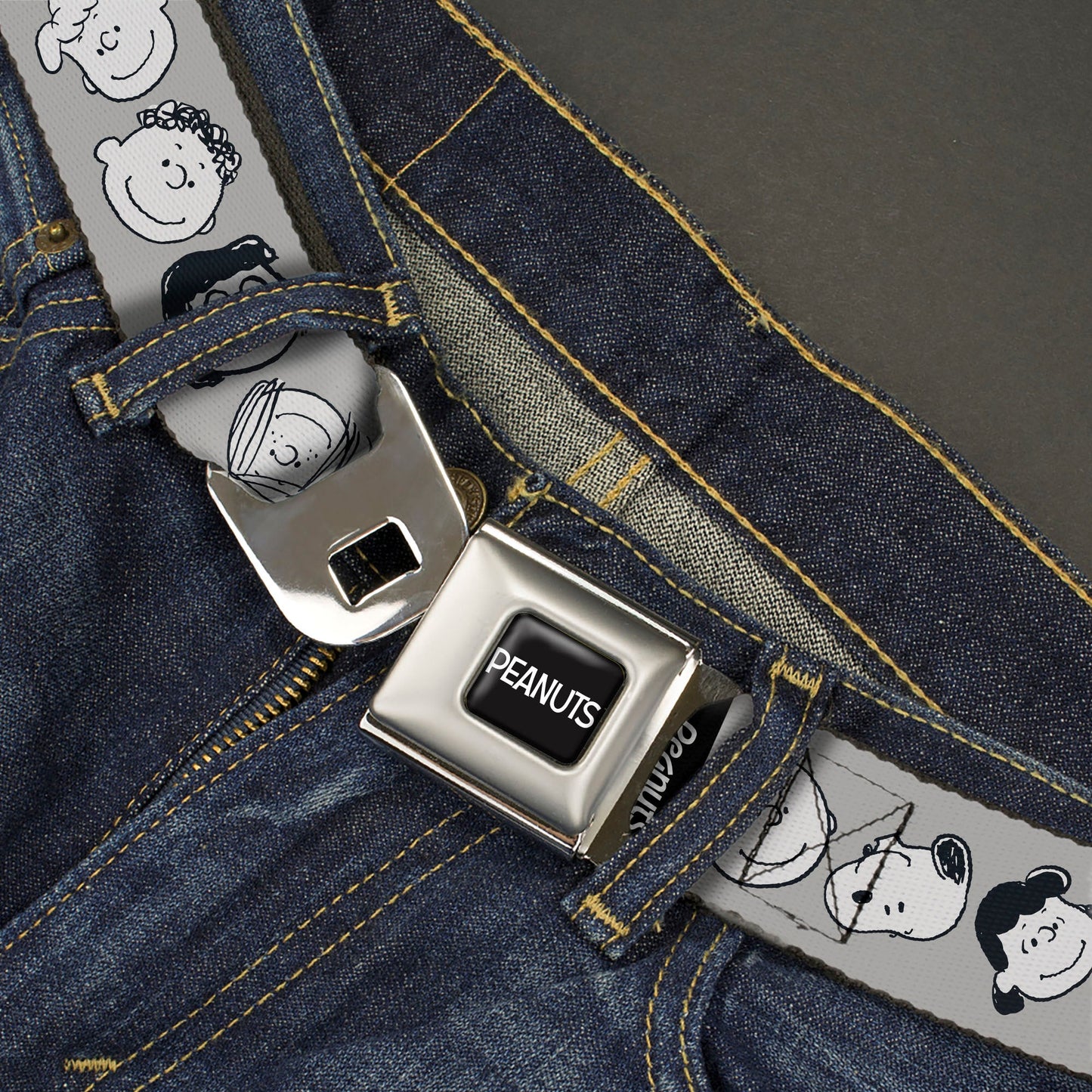 PEANUTS Title Logo Full Color Black/White Seatbelt Belt - Peanuts Gang Expressions Gray/Black/White Webbing