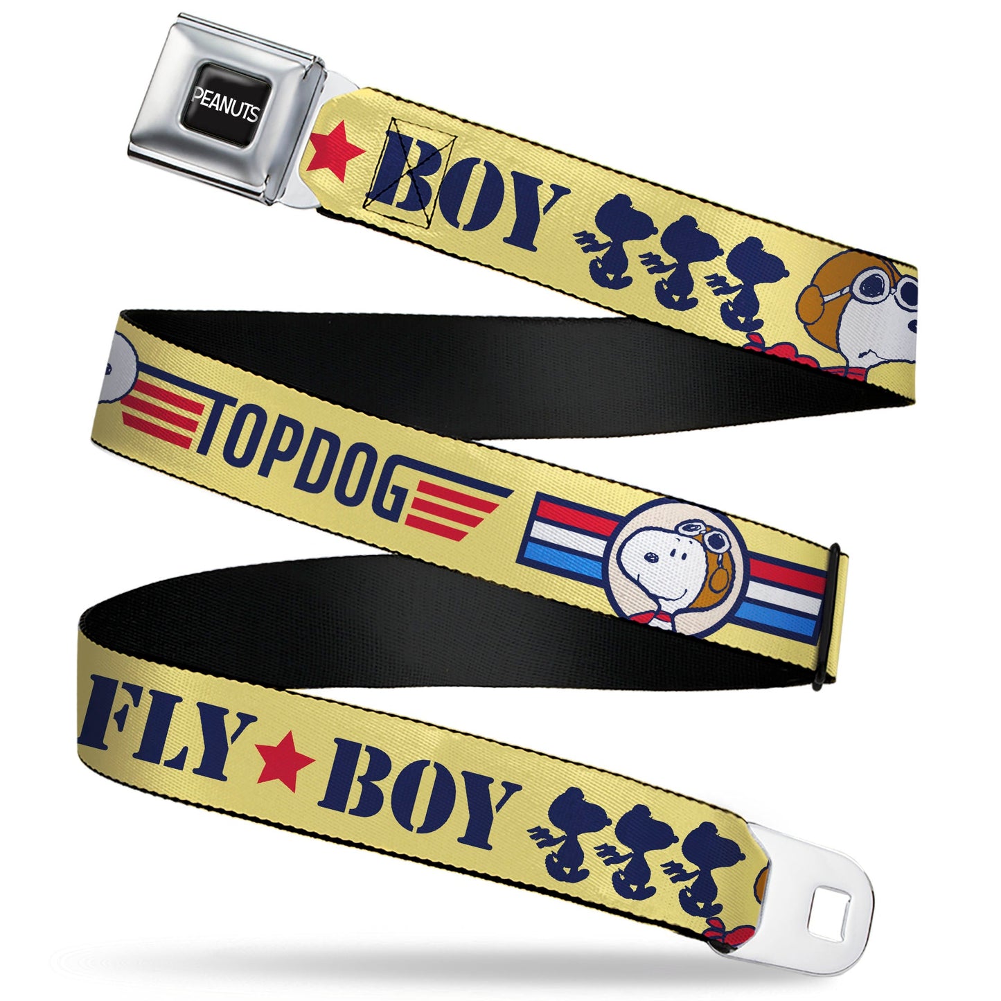 PEANUTS Title Logo Full Color Black/White Seatbelt Belt - Peanuts Snoopy FLY BOY TOP DOG Flying Ace Yellow/Blue/Red Webbing