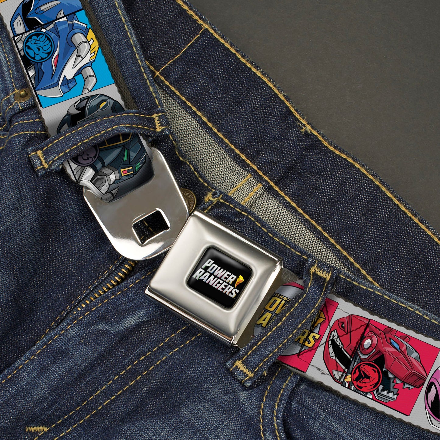 POWER RANGERS Bolt Logo Full Color Black/Gray/Yellows Seatbelt Belt - SABAN'S POWER RANGERS Ranger Zord and Icon Blocks and Title Logo Webbing