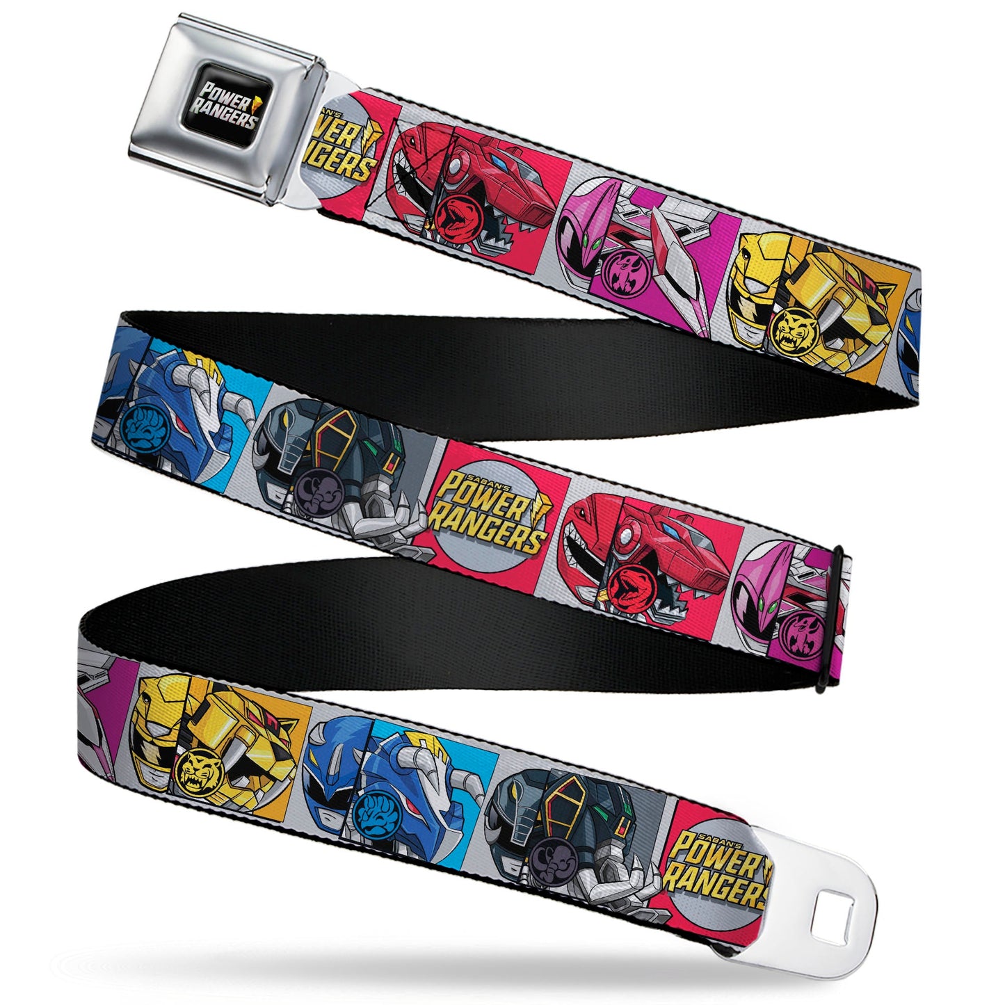 POWER RANGERS Bolt Logo Full Color Black/Gray/Yellows Seatbelt Belt - SABAN'S POWER RANGERS Ranger Zord and Icon Blocks and Title Logo Webbing