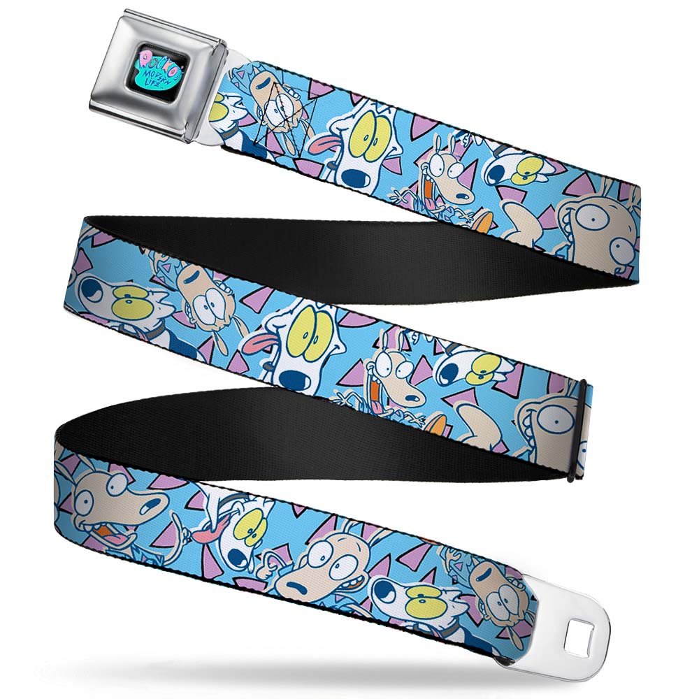 ROCKO'S MODERN LIFE Logo Full Color Black/Blues Seatbelt Belt - Rocko & Spunky Scattered Expressions/Triangles Blue/Lavender Webbing