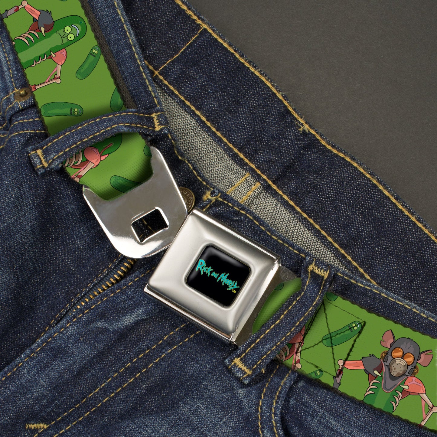 RICK AND MORTY Text Logo Full Color Black/Blue Seatbelt Belt - Rick and Morty Pickle Rick Rat Suit Poses Green Webbing
