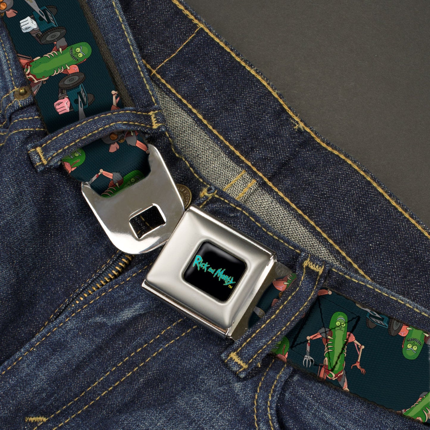 RICK AND MORTY Text Logo Full Color Black/Blue Seatbelt Belt - Rick and Morty Pickle Rick Rat Suit Poses Scattered Black Webbing