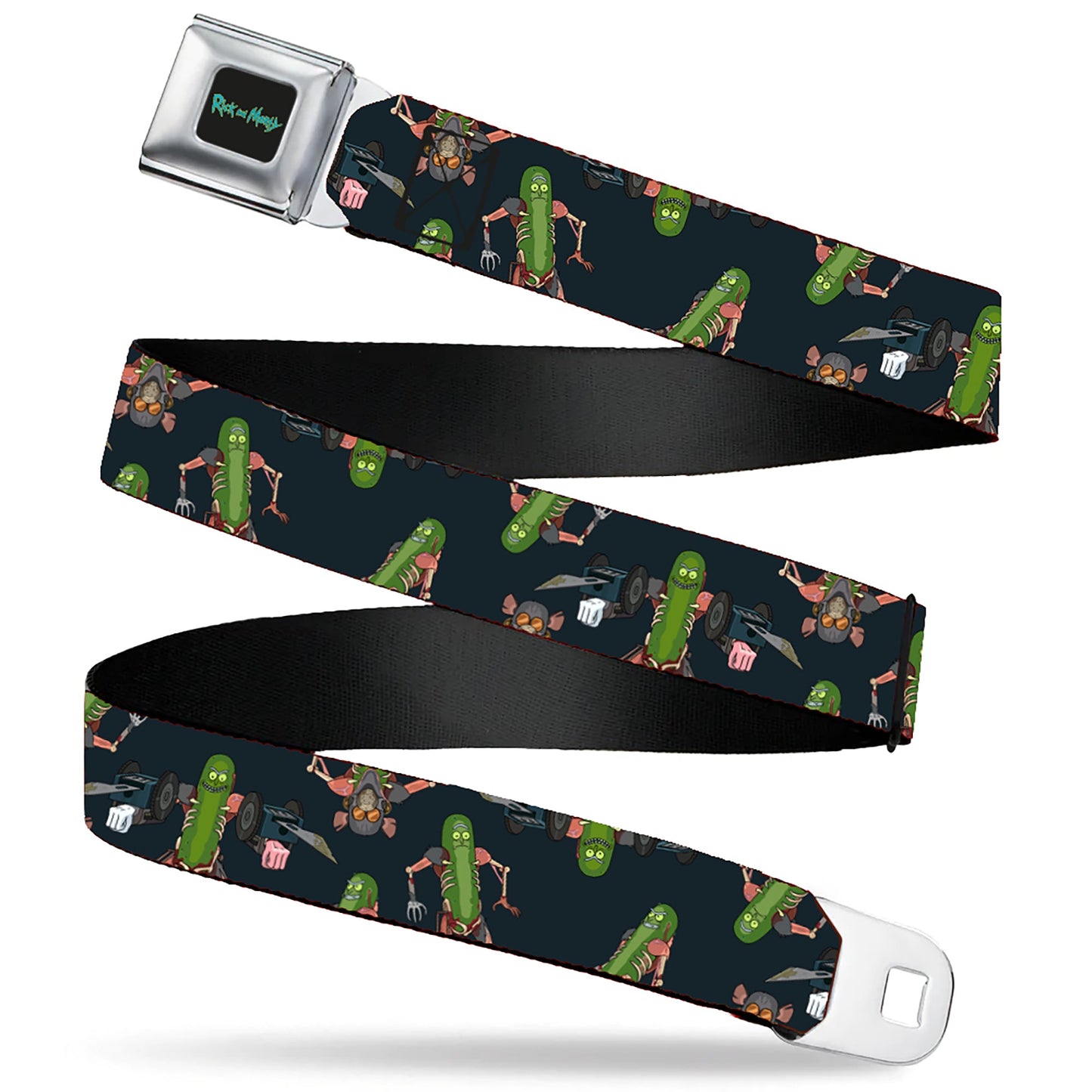 RICK AND MORTY Text Logo Full Color Black/Blue Seatbelt Belt - Rick and Morty Pickle Rick Rat Suit Poses Scattered Black Webbing