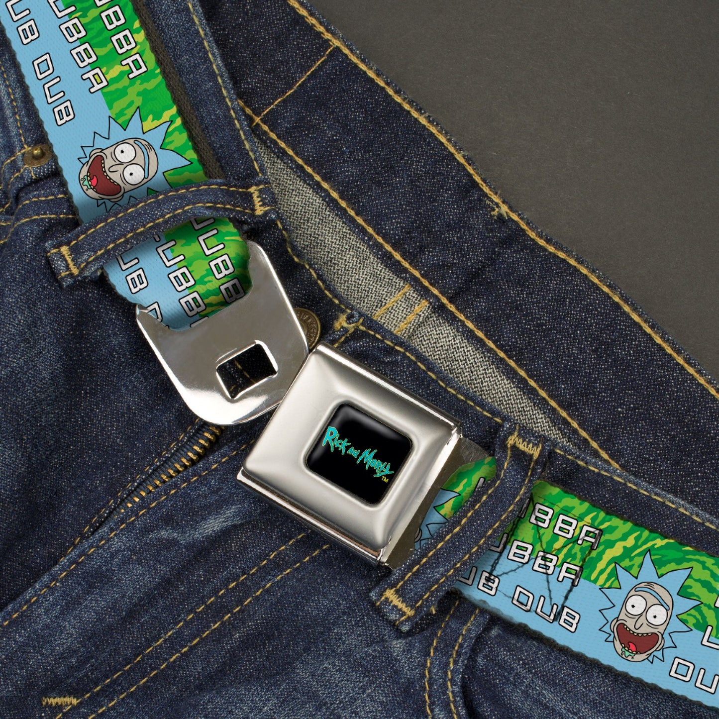 RICK AND MORTY Text Logo Full Color Black/Blue Seatbelt Belt - Rick and Morty Rick WUBBA LUBBA DUB DUB Face Greens/Blue Webbing