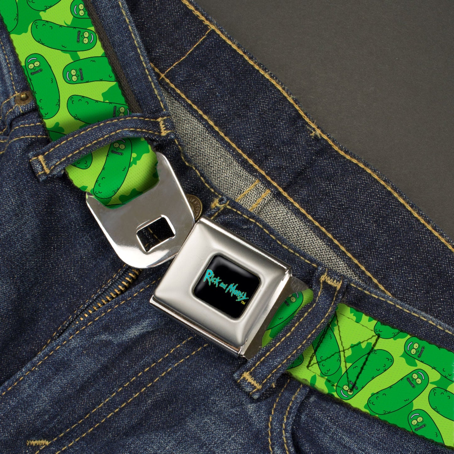 RICK AND MORTY Text Logo Full Color Black/Blue Seatbelt Belt - Rick and Morty Pickle Rick Scattered Greens Webbing