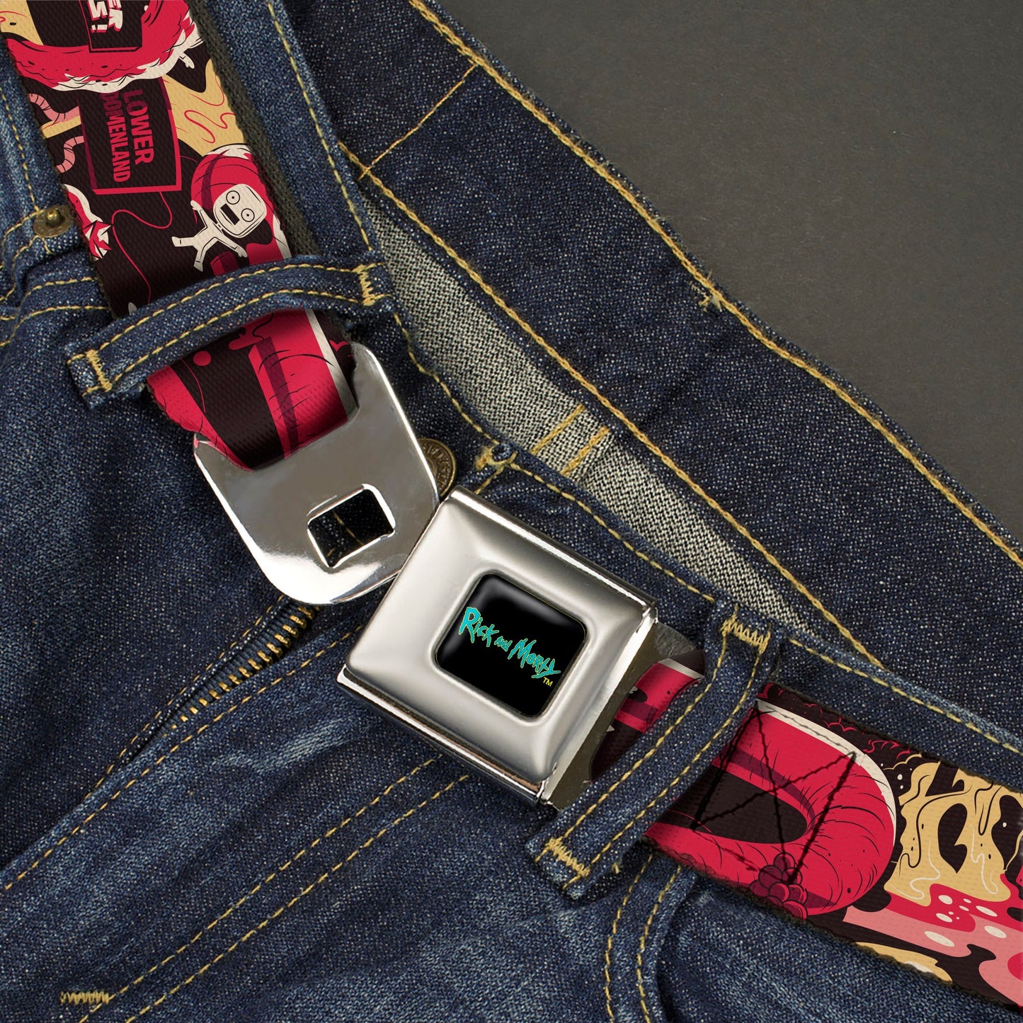 RICK AND MORTY Text Logo Full Color Black/Blue Seatbelt Belt - Rick and Morty Anatomy Park Collage Reds/Black Webbing