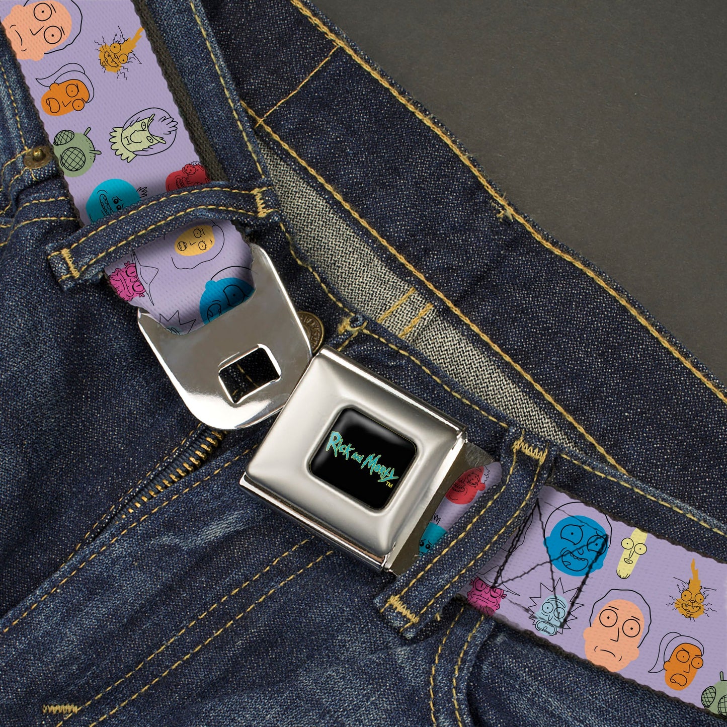 RICK AND MORTY Text Logo Full Color Black/Blue Seatbelt Belt - Rick and Morty Colorful Faces Collage Lavender Webbing