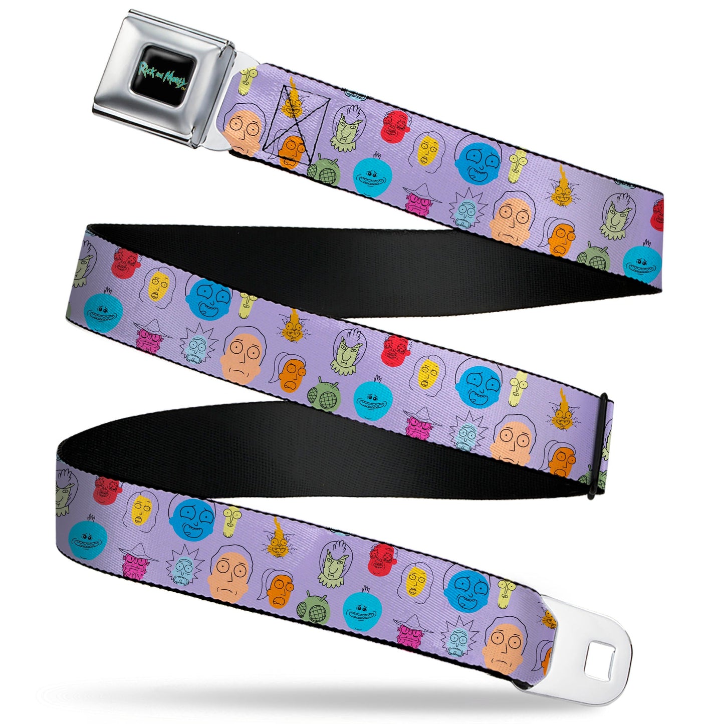 RICK AND MORTY Text Logo Full Color Black/Blue Seatbelt Belt - Rick and Morty Colorful Faces Collage Lavender Webbing