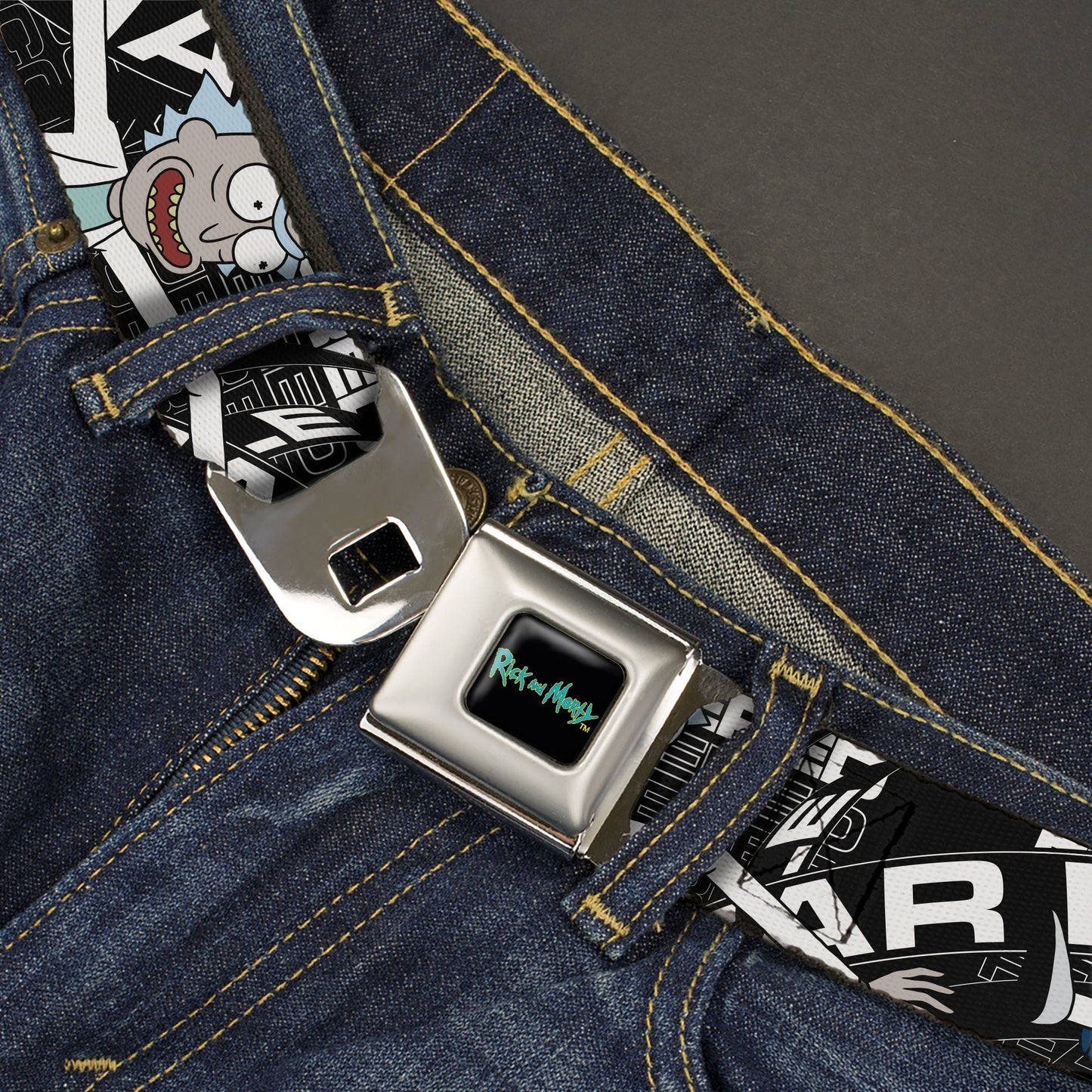 RICK AND MORTY Text Logo Full Color Black/Blue Seatbelt Belt - Rick and Morty FEAR HOLE Pose and Text Black/White Webbing