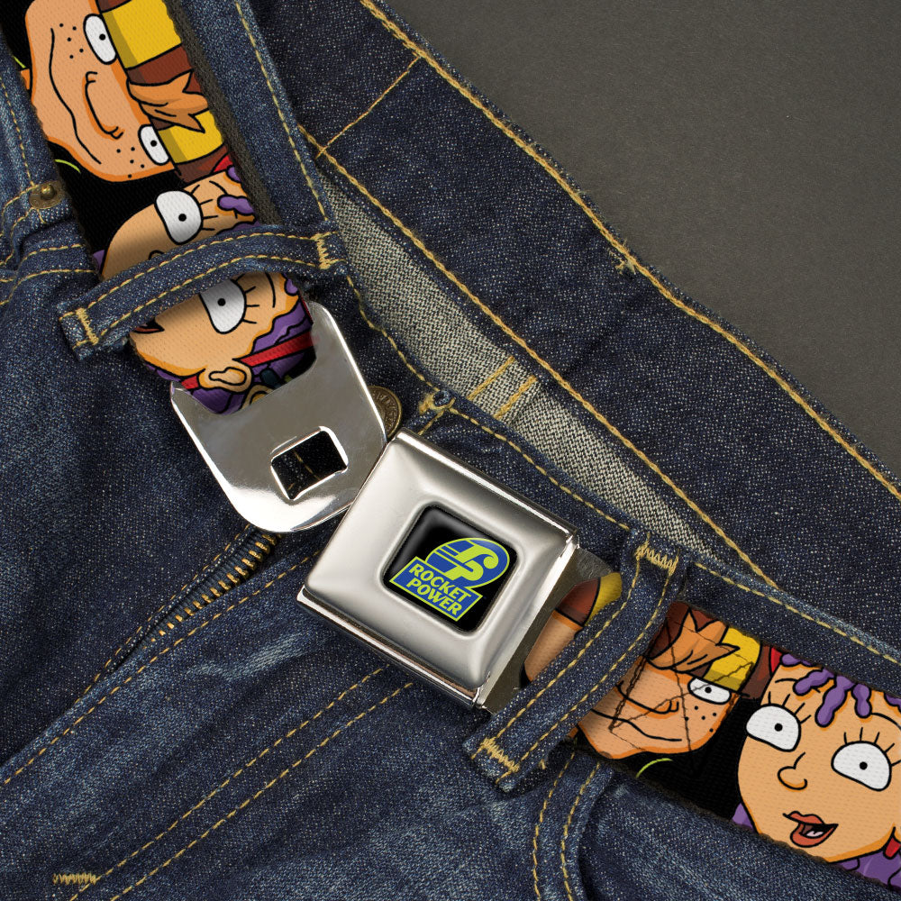 ROCKET POWER RP Logo Full Color Black/Green/Blue Seatbelt Belt - ROCKET POWER RP Logo/4-Character Faces CLOSE-UP Black/Green/Blue Webbing
