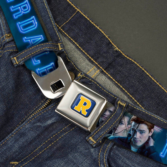 RIVERDALE "R" Logo Full Color Blue White Yellow Seatbelt Belt - RIVERDALE 7-Character Group Pose Blues Webbing