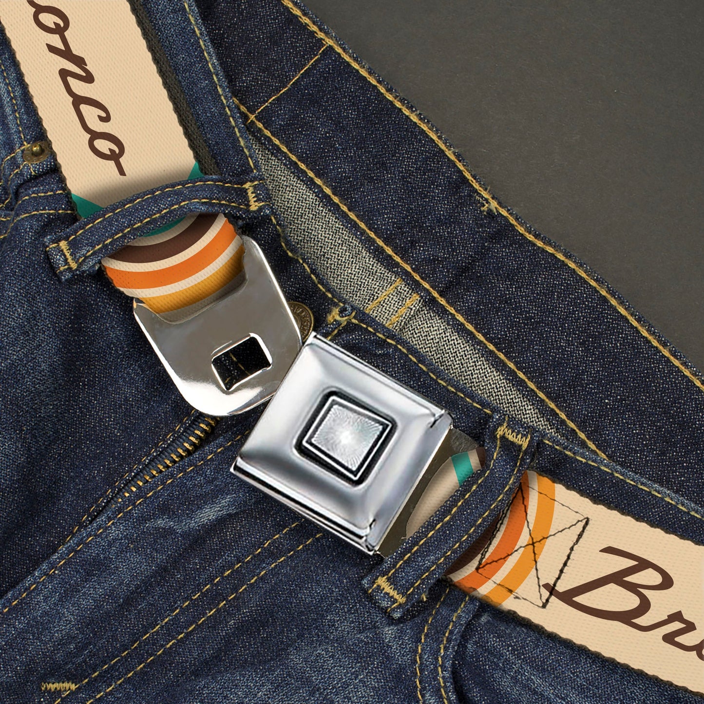 Starburst Seatbelt Belt - Ford BRONCO Script Beige/Brown/Blue/Orange Webbing